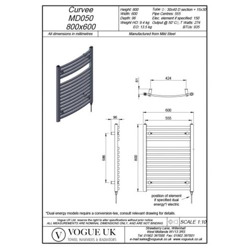 Vogue Curvee 800 x 600mm Arched Crossbar Towel Rail Heating Only Chrome 935BTU MD050 MS0800600CP